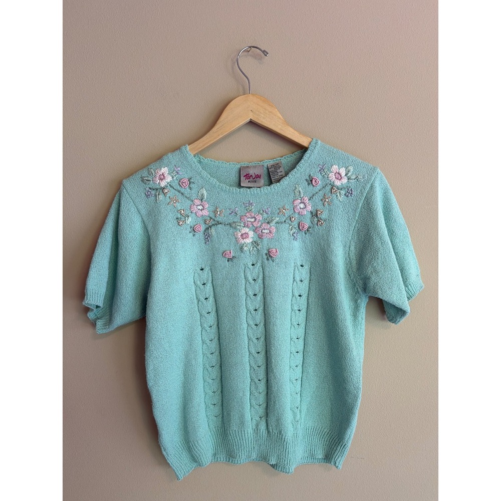 Cottage Core Mint Green Floral Embroidered Short Sleeve Cable Knit Sweater XS